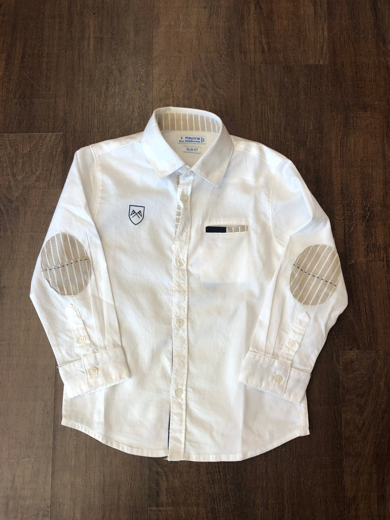 Mayoral White LS Dress Shirt with Tan Patches